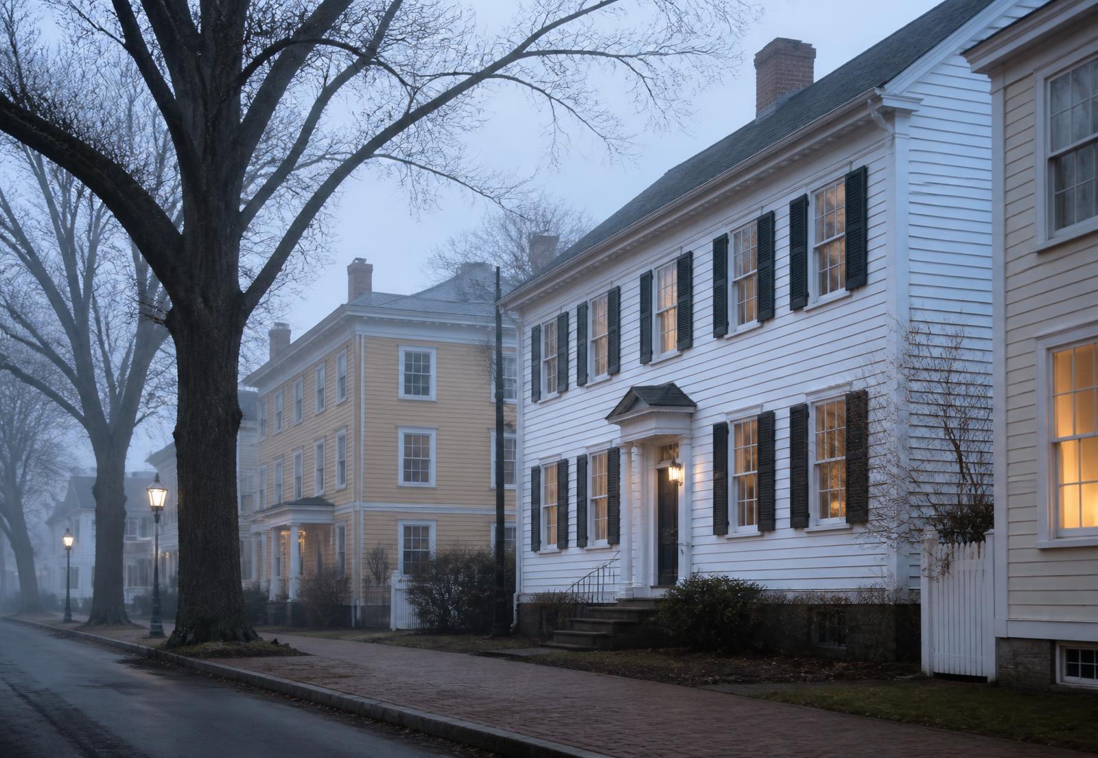 Residential street of classic Connecticut homes at dawn